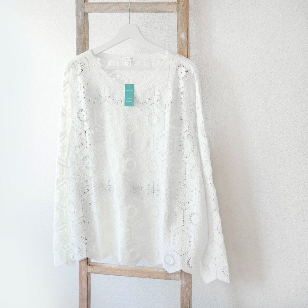 NWT! MAURICES CROCHET BELL SLEEVE KNIT SWEATER WHITE SZ XL